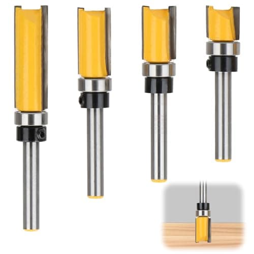 Image of 4 Pcs Flush Trim Router Bit Set 1/4 Inch Shank, Professional Straight Pattern Router Bits with Bearing, Woodworking Template Cutter Tools for Decorative Wood Finishing, Milling and Trimming
