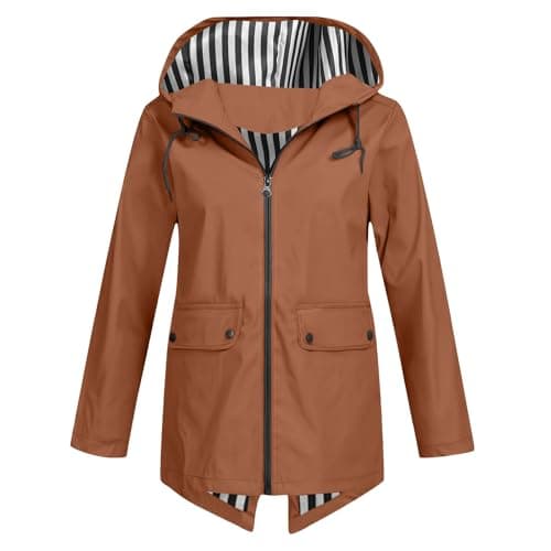 Image of ladies jackets Waterproof Jacket for Women Lightweight Windbreak Hooded Rain Coat UK Loose Casual Long Sleeve Water-resistant Raincoat Ladies Autumn Outdoor Hiking Wear Outfits Brown L
