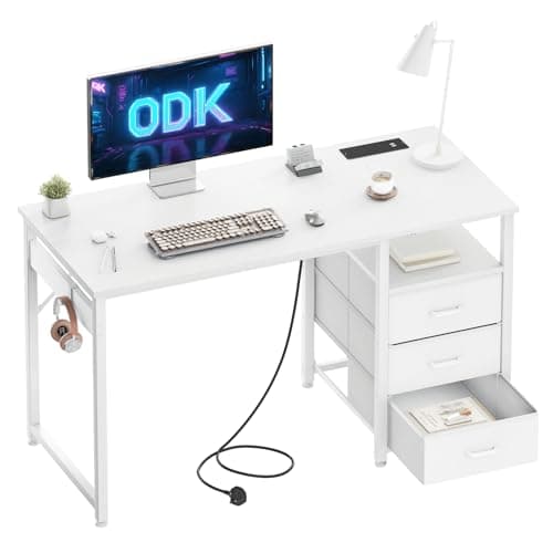 Image of ODK 120cm Computer Desk with Drawers, Office Desk with 2 Sockets & USB Ports, Reversible PC Table with Storage, Study Table for Home Office & Bedroom, White