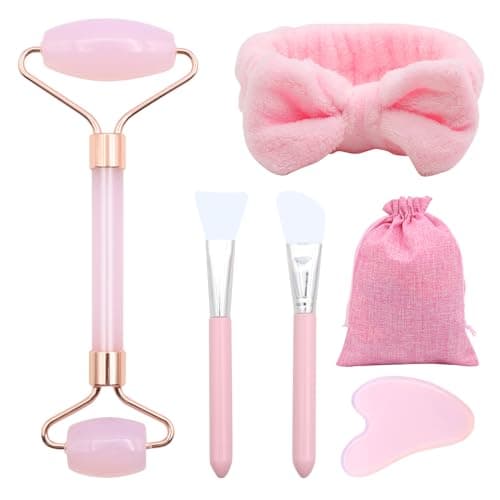Image of VEGCOO Rose Quartz Face Roller Gua Sha Set, Pink Jade Roller for Women, Gua Sha Stone Massage Tool for Facial, Neck and Body Muscle Relaxing