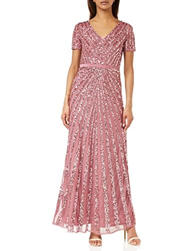 Image of Maya Deluxe Womens Maxi Ladies Embellished Sequin Long Short Sleeve V Neck High Empire Waist Cut Shiny Prom Wedding Bridesmaid Dress, Desert Rose, 12