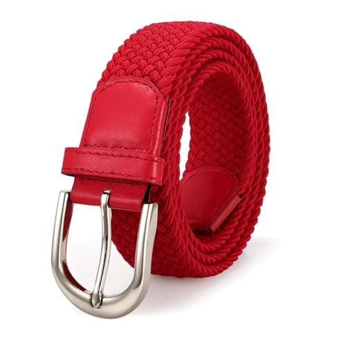 Image of JASGOOD Braided Canvas Stretch Belt Elastic Casual Belt for Men Women with Gold Buckle,Junior 1.3 Inch Wide,Red