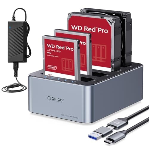 Image of ORICO 4 Bay Hard Drive Enclosure USB 3.2 Gen 1 for SATA 2.5/3.5 Inch SSD/HDD up to 4 x 20 TB, Aluminium Clone HDD Docking Station, Offline Cloning, 12V/6.5A Power Supply (6646C3-C)