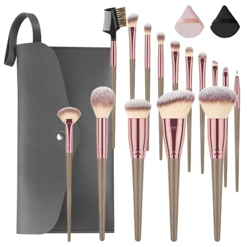 Image of Vicloon Makeup Brushes, 15Pcs Professional Makeup Brushes Set with PU Leather Bag, 2pcs powder puff (cosmetics), Premium Synthetic Foundation Face Powder Concealers Eyeshadow Blush, Comfortable-Coffee