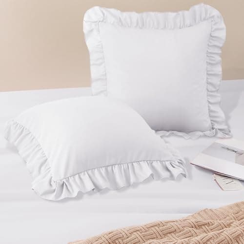 Image of Horbaunal 2 Pack White Ruffle Euro Shams 26" x 26" Ruffle Square Pillow Covers Ultra Soft Microfiber Ruffled Fringe Pillow Shams Covers, Shabby Chic Pillowcases