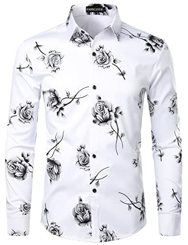 Image of PARKLEES Men's Shiny Gold 3D Rose Print Slim Fit Button Down Dress Shirt for Nightclub Party White Black L