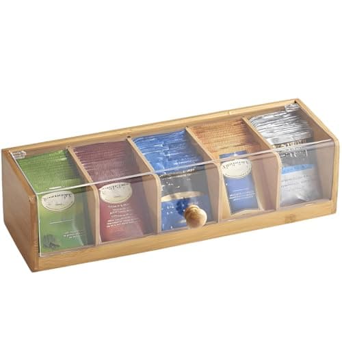 Image of QINGLANG Tea Bag Storage Bamboo Divided Flip Top Tea Box Organiser with 5 Compartments Teas Caddy Coffee Bag Holder for Home, Office, Café Coffee Teabag Storage for Sugar Packets and Creamers