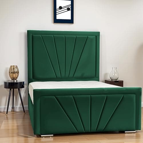 Image of LivingComfort Bedz Zahah Upholstered Wooden Bed Frame in Plush Velvet | Modern Panel Headboard & Footboard with Optional Ottoman Storage & Mattress (Green, 5FT King No Storage Slat Base No Mattress)