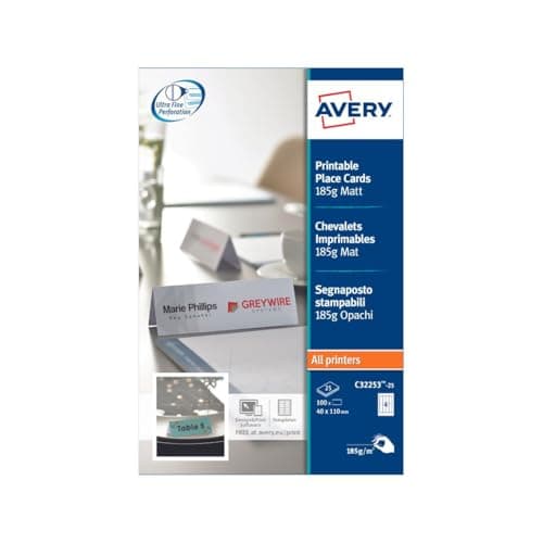 Image of Avery Printable Place Cards, Tent Cards – 110 x 40 mm, Double-Sided, Micro-Perforated, White, 185gsm, Compatible with All Printers, 4 per Sheet, 100 per Pack, Ideal for Events & Weddings (C32253-25)