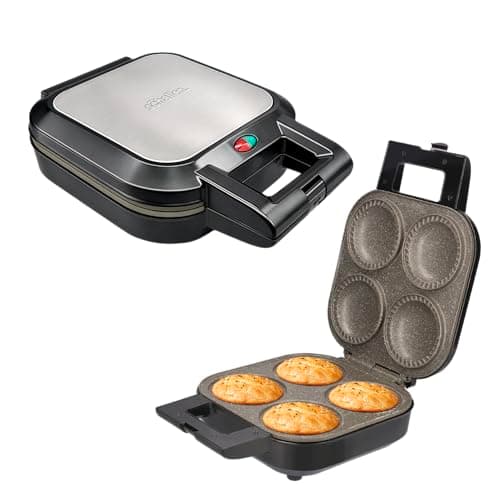 Image of Schallen Electric Non-Stick Deep Fill Pie Maker Machine | Bake Traditional British Pies | Silver Stainless Steel | Locking Latch (4 Pie Maker)