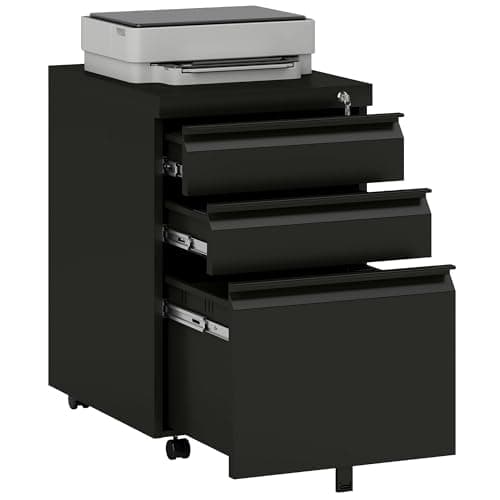 Image of Vinsetto 3-Drawer Filing Cabinet, Mobile Metal File Cabinet with Lock and 5 Wheels for A4/Legal/Letter Sized Hanging File Folders, Under Desk Drawers, Pre-Assembled Body, 39 x 48 x 60 cm, Black