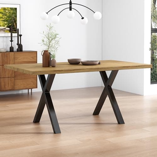 Image of ModernLuxe Dining Table with Crossed Legs, Rectangular Kitchen Table with Wrought Iron Base, Modern Simple Style for Dining Room or Living Room, Oak and Black, 140 x 80 x 76 cm