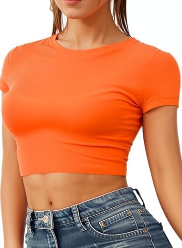 Image of Re Tech UK - Women's Basic Ladies Short Sleeve Stretchy Crop Tops for Women, Slim Fit Crew Neck, Cropped T Shirt, Summer, Cute, Tshirt, Sizes 8-14 (M/L 12-14, Orange)