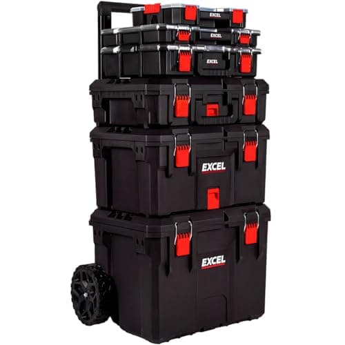 Image of Excel Modular Tool Box Set – 6 Piece Heavy Duty Mobile Storage System with Organizer Drawers, Stackable Units & Durable Wheels for Tools, Garage, DIY, Construction, Workshop