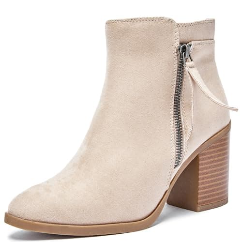 Image of Ruiee Women's Ankle Boots Chunky Heeled Booties Classic Casual Comfortable Fall Winter Pointed Closed Toe Short Boots for Women.240978 Beige MF UKSize7