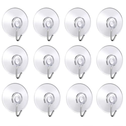 Image of Navoys Pack of 12 40mm Suction Cup Hooks - Premium PVC Cups with Metal Hooks, Window Glass Suction Cups, Ideal for Bathrooms, Towels, Sponges, Wreaths or Kitchen Utensils