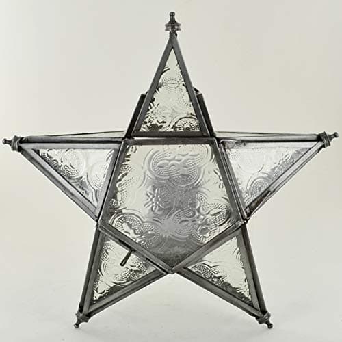 Image of Prezents.com Antique Hanging Iron Star Lantern Moroccan Style LED Tea Light Candle Holder Decorative Lamp with Clear Glass