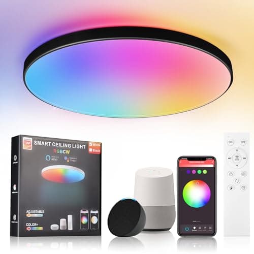 Image of CANMEIJIA LED Ceiling Light, Dimmable 24W RGB Ceiling Lights 3000-6500K with Remote Control, IP44 WiFi Flat Ceiling Light, Supports Alexa and Google for Bedroom, Living Room, Bathroom, Black