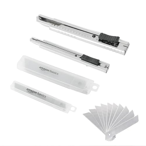 Image of Amazon Basics Auto-Lock Zinc-Alloy Shell Utility Knife, 2 Pack with 20 Piece Extra SK5 Blades for Precision Cutting, Silver