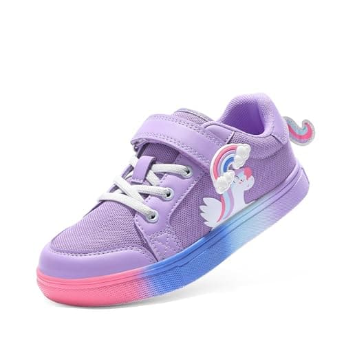 Image of DREAM PAIRS Girls Fashion Trainers Slip-On (Little/Big Kids) - Lightweight Mesh Gym & School Shoes for Girls, Protective Toe,Size 11 Little Kid,Rainbow/Purple,SDFS2308K