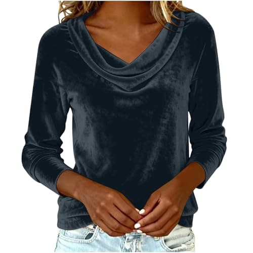 Image of Velvet Tops for Women UK - Ladies Velvet Blouses Elegant Long Sleeve Cowl Neck T-Shirt Plain Velour Tunic Tops Business Casual Party Work Office Clothes Outfits Tee Shirts Gray