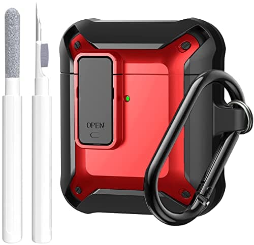 Image of OTOPO Protective Cover with Cleaning Pen, Compatible with Apple Airpod 1/2 Case, Shockproof Rugged Shell for iPods Case (Black/Red)