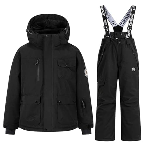 Image of AMhomely Kids 2 Piece Ski Suit-Boys Girls Waterproof Puffer Jacket and Snow Bib Pants Set,Snowproof Snow Outfit with Pocket,Windproof Warm Overalls,Outdoor Holiday B Black 13-14 Years