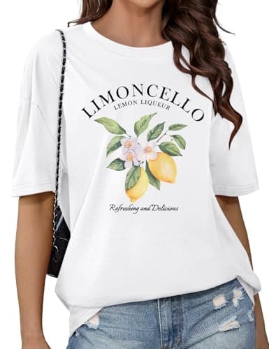 Image of CMTOP Women’s Oversize T-Shirt Summer Tops Cotton Short Sleeve Round Neck T Shirts Lemon Graphic Tee Shirts Casual Baggy Tops Blouse (White, L)