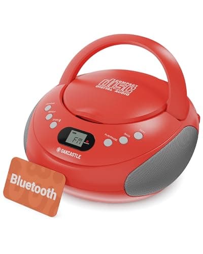 Image of Portable Bluetooth CD Boombox with FM radio | CD, CD-R, CD-RW | 30 Presets | Easy Controls, LED Display & Headphone Jack | OAKCASTLE CD250 (Red)