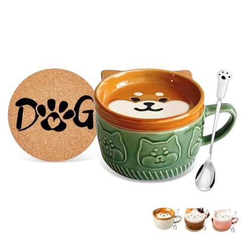 Image of BigNoseDeer Cute Kawaii Dog Mug,Dog Coffee Mugs with Lids,Novelty Animal Coffee Ceramic Tea Cup Dessert Saucer Set,Christmas Birthday Presents for Girls Friend Kids,Dog Lovers Gifts for Women