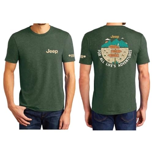 Image of Jeep New for All Life's Adventures Logo Signposts T-Shirt Supersoft Cotton/Polyester Blend/Heather Forest Green, Heather Forest Green, XXL