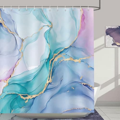 Image of Bonhause Colorful Marble Shower Curtain Pink Purple Blue Turquoise Watercolor Abstract Modern Bathroom Curtain 180 x 180 cm Waterproof Mildew & Mould Resistant Polyester Bath Curtain with 12 Hooks