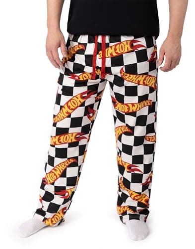 Image of Hot Wheels Logo Mens Black White Red Yellow Checkered Lounge Pants | Drawstring Casual Loungewear | Ideal for Relaxing at Home or Casual Outings Merch - Medium