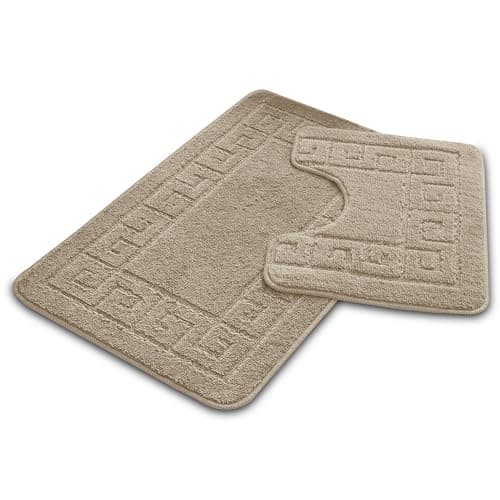 Image of VELVETIO Bath Mat Set 2 Piece Machine Washable for Bathroom, Jacquard Greek Non Slip Quick Dry Shower Rugs & Bathtub Mats, Highly Water Absorbent 100% Polypropylene Toilet Rug Sets, Mocha