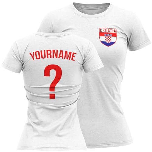 Image of Personalised Croatia Badge Womens T Shirt Name and Number Tee Croatian Football Hrvatska Nation Top, XL, White