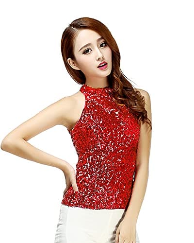 Image of Women sparkly sequin high halter neck sleeve vest top girls latin dance party size clothing (UK Women 4/6/8/10) (Red)
