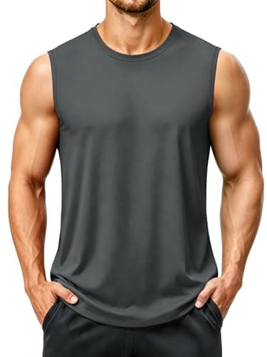 Image of KEFITEVD Men's Vest Workout Summer Tank Top Undershirt Quick Dry Gym Muscle Shirt No Sleeve Athletic Breathable T-Shirts Dark Grey L