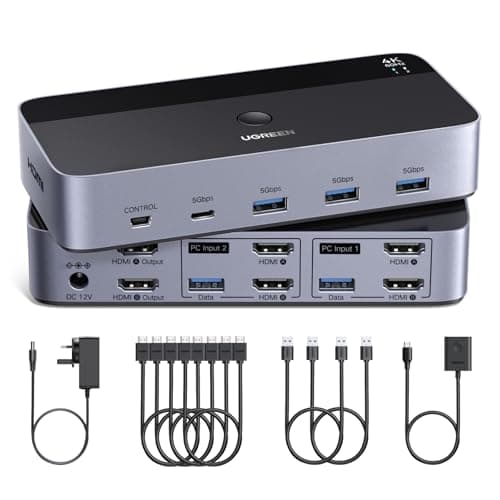 Image of UGREEN HDMI KVM Switch 2 Monitors 2 Computers Support 4K@60Hz, 4 Port USB3.0 KVM Switches for 2 Computers Share Keyboard/Mouse/Hard Drives and 2 Monitor, KVM with 2 USB Cables and 4 HDMI Cable