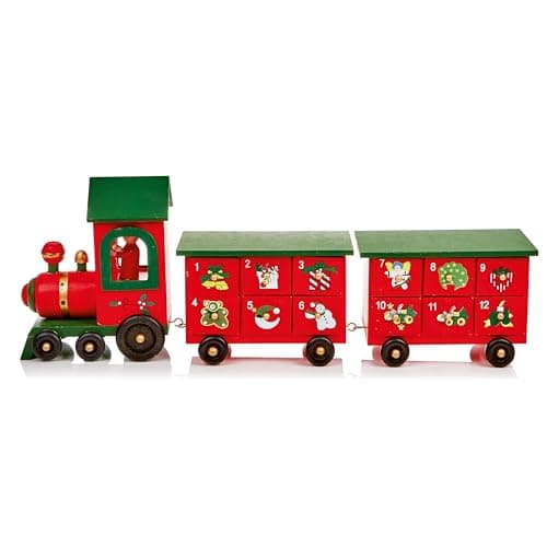 Image of Premier Decorations 45cm Wooden Advent Calendar Train - Red/Green with Two Carriages and 12 Boxes - Gift Idea for Christmas Xmas - Advent Calendar - Christmas Countdown