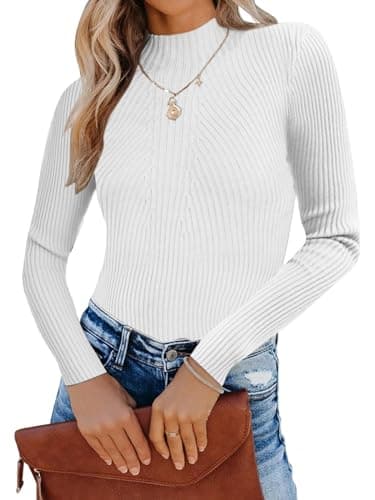Image of Famulily Ladies Elegant White Turtleneck Sweater Jumpers Soft Ribbed Knit Long Sleeve Pullover Tops (XL, White)