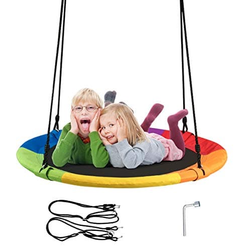 Image of COSTWAY Nest Swing, Hanging Tree Swing Seat with Length Adjustable Ropes, Soft Seating, Kids Swing Set for Indoor Garden Playground, 150kg Capacity (Rainbow)