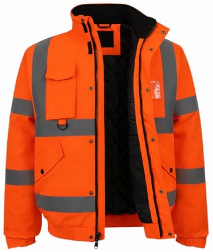 Image of SBZ Hi Vis Waterproof Bomber Jacket Safety Workwear High Viz Visibility Security Concealed Hood Fluorescent Flashing Hooded Padded Waterproof Coat (UK, Alpha, L, Regular, Regular, Orange)