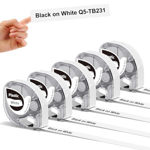 Image of 5X Phomemo P12 Thermal Label Tape Original 12mm x 4m Black on White Q5-TB231 Waterproof Plastic Self-Adhesive Label Tape for Phomemo P12/P12Pro/LT12 Label Printer, Compatible with Dymo LetraTag LT100H