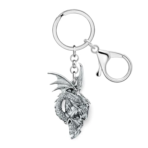 Image of RAIDIN Alloy Fantasy Dragon Skull Keychain Halloween Gifts for Women Men Gothic Medieval Dragon Lovers Car Keys Accessories (Silver)