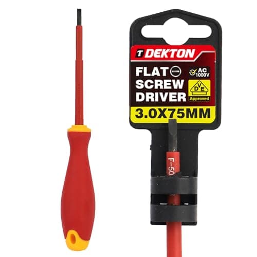 Image of DEKTON Slotted VDE Screwdriver SL 0.5x3.0x75mm – VDE Certified to EN IEC 60900:2018 | Tested to 1000V | Chrome Vanadium Shaft with Corrosion-Resistant Tip | Ergonomic Dual-Colour Handle