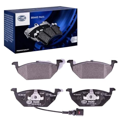 Image of HELLA 8DB 355 008-551 Brake pad set - with integrated wear warning contact - T1163 - for e.g. AUDI / SEAT / SKODA / VOLKSWAGEN