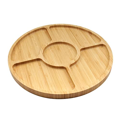 Image of BambooMN Natural 12" Bamboo Round 5 Compartment Serving Tray/Platter, Charcuterie Board, Perfect for Snacks, Party Platter, Appetizers - 1 Piece
