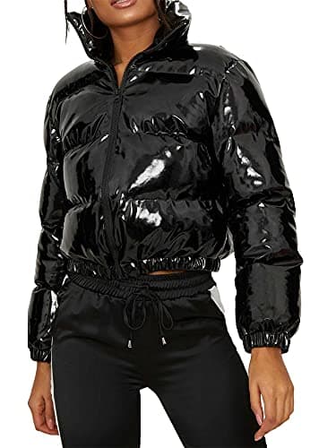Image of YILEEGOO Women's Cropped Puffer Jacket Shiny Zip Up Short Parka Down Bubble Puffy Coats Winter Outerwear (Black, M)
