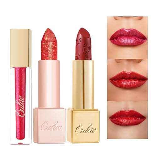 Image of OULAC Red Metallic Lip Gloss Kit – Shimmer & High Pigment, Long Lasting Moisture Lip Gloss Set, Creamy Texture & Hydrating with Shea Butter, Vegan & Clean Beauty Formula MD07+PG02+MSD12(3pcs)