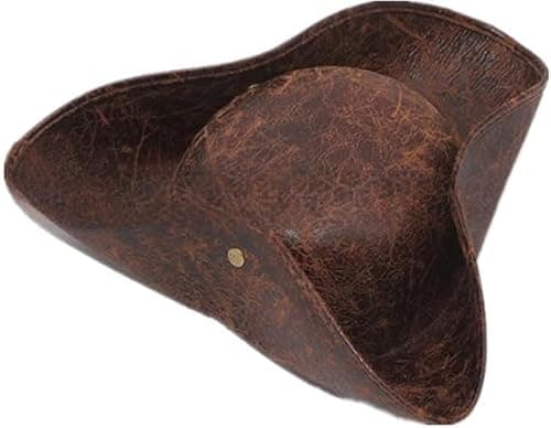 Image of Halloween Pirate Costume Hat Tricorn Captain Headwear Bandana Hat Retro Brown Medieval Fancy Dress Accessory Distressed Cocked Cap for Pirate Theme Party Cosplay Carnival Halloween Role Play